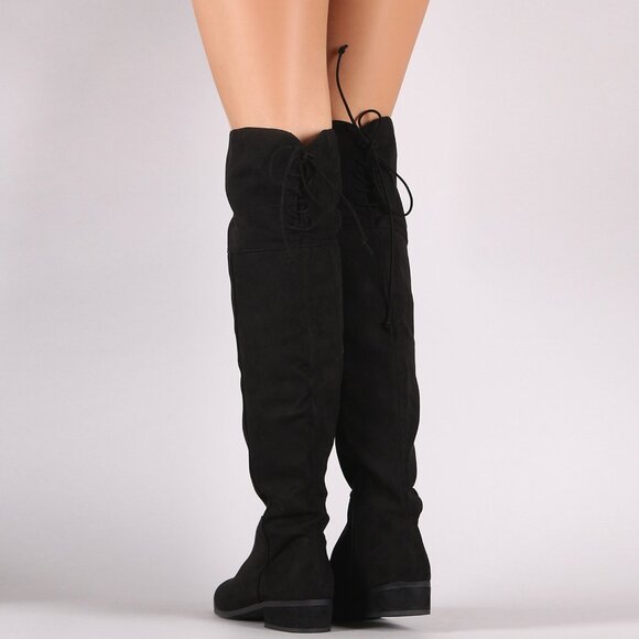 New Black Faux Suede Back Lace-Up Over The Knee Riding Moto Boots Low Block Heel - Picture 3 of 3